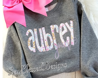 Girls Personalized Applique Sweatshirt. Crewneck Floral Applique Sweatshirt