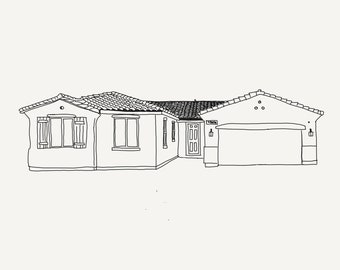 May include: Line drawing of a single-story house with a garage, two windows, and a door. The house has a tiled roof and a simple design.
