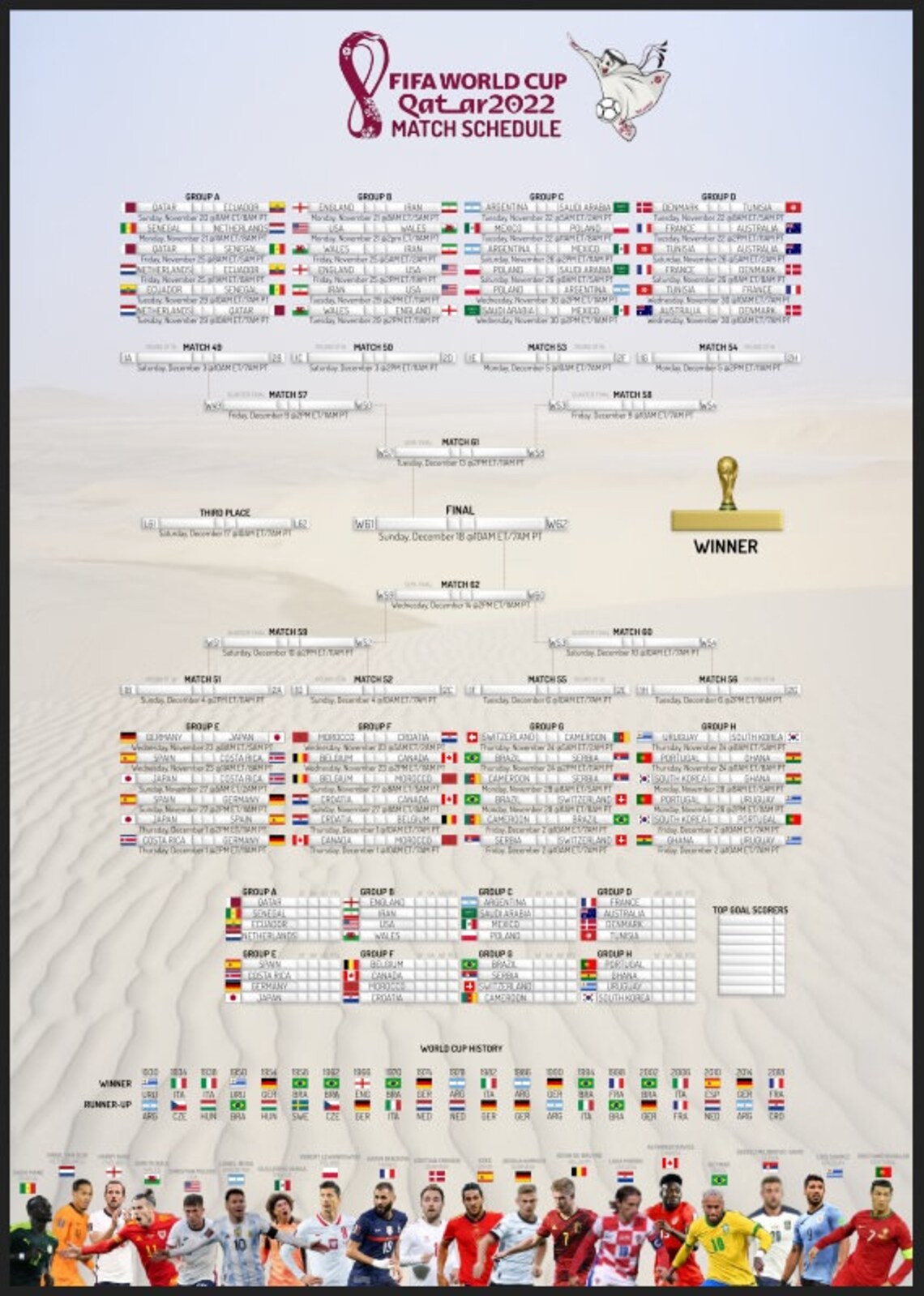 Printable Qatar 2022 World Cup Wall Chart Calendar Bracket and Etsy Canada