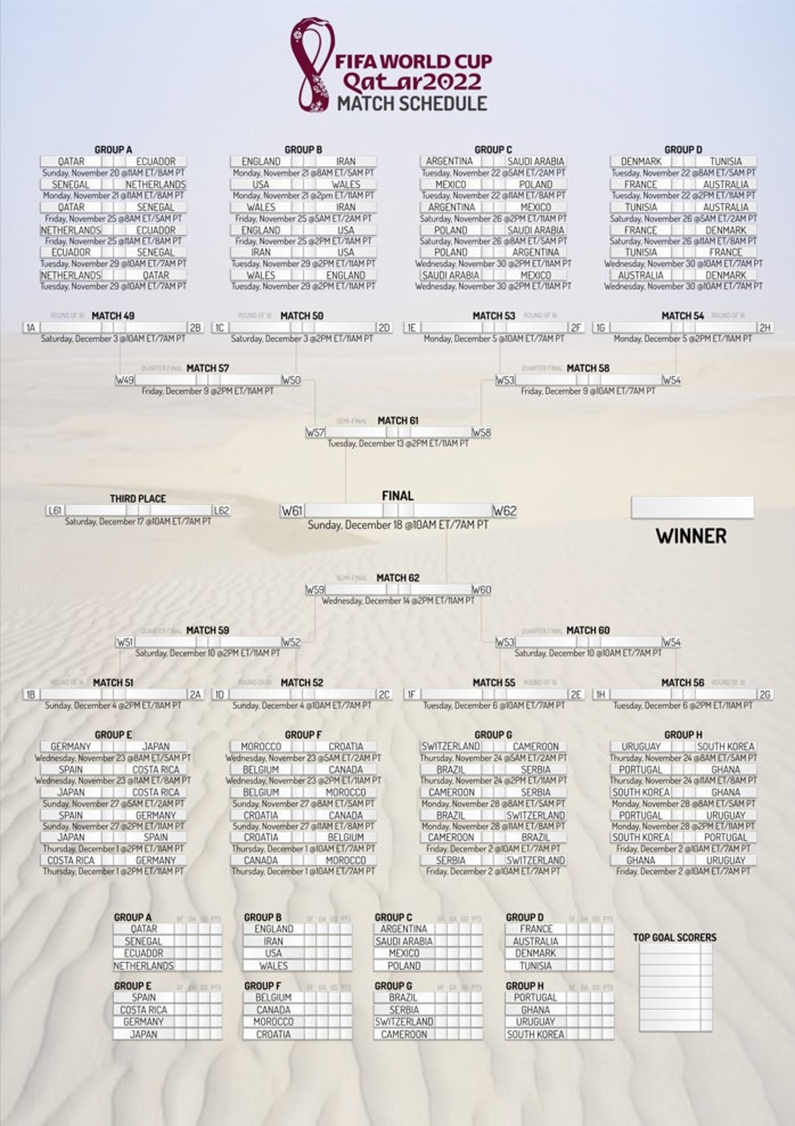 Printable Qatar 2022 World Cup Wall Chart Calendar Bracket and Etsy Canada