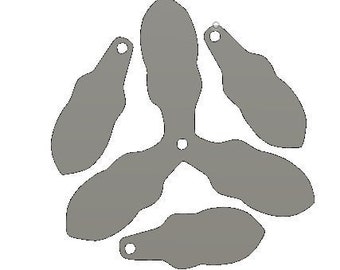 May include: Five grey, irregularly shaped, metal pieces with rounded edges and small holes in the centre. The pieces are arranged in a star shape.