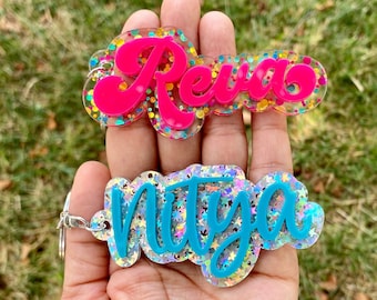 Personalized Glitter Acrylic Keychain, Backpack Tag, 3D name tag, Custom name tag, personalized acrylic name tag, diaper bag tag,