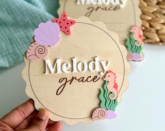 Baby Name Announcement Sign - Ocean theme with shells, starfish & Seahorse, Newborn arrival sign for Hospital, Photo Prop for baby girl