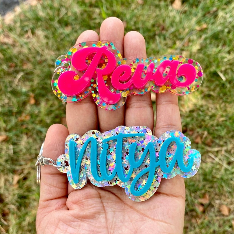Personalized Glitter Acrylic Keychain, Backpack Tag, 3D name tag, Custom name tag, personalized acrylic name tag, diaper bag tag, image 1