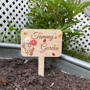 Pu&ograve; includere: Un cartello da giardino in legno con il testo "Tammy's Garden" inciso su di esso. Il cartello &egrave; decorato con piccoli fiori colorati e coccinelle.