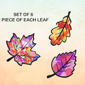May include: Set of six colorful leaf illustrations. Each leaf is a unique design with a black outline and filled with a mosaic of vibrant colors. The text reads "SET OF 6, 2 PIECE OF EACH LEAF."