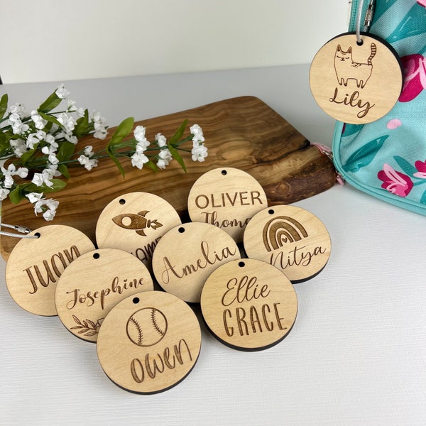 Personalized Bag Tags, Diaper Bag Tag, Backpack name keychain, Wood name tags, Backpack Keychains, School tags