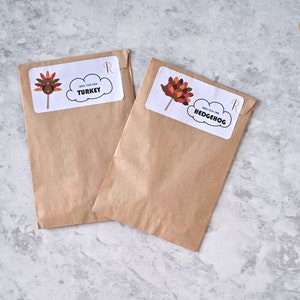 May include: Two brown paper bags with white labels. The labels have images of a turkey and a hedgehog with the text "Make your own TURKEY" and "Make your own HEDGEHOG".