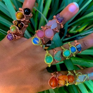 Copper Wire Wrapped Healing Crystal Rings