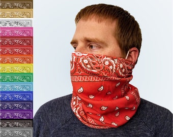 Bandana Style Neck Gaiter with ear loops for men with beards - organic cotton face mask