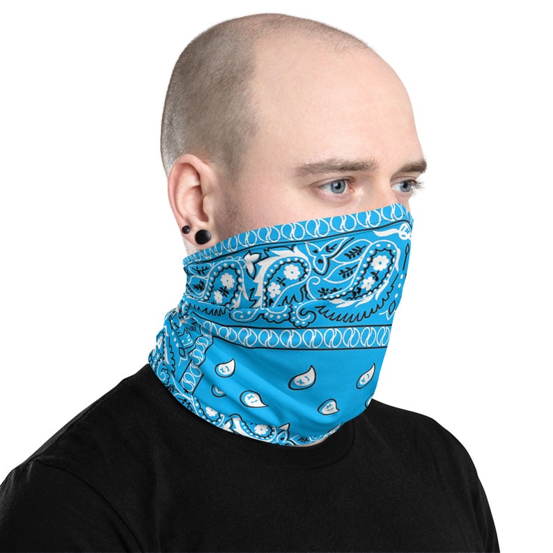 Sky Blue Paisley Neck Gaiter Face Mask that covers beards image 3