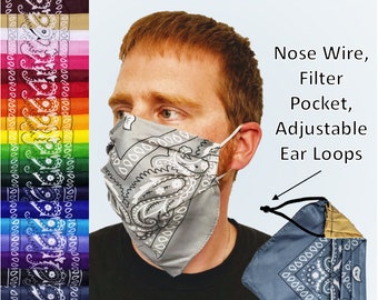 Double Layer Bandana Reusable Face Mask - Washable Face Covering with nose wire, filter pocket, adjustable ear loops, bandanna covers beard