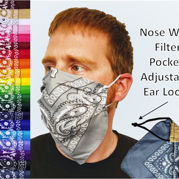 EXTRA LARGE Double Layer Bandana Face Mask - Washable Face Covering with nose wire, adjustable ear loops, for men with beards