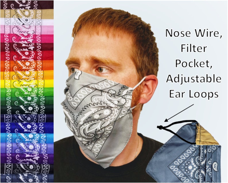 Double Layer Bandana Reusable Face Mask Washable Face Covering with nose wire, filter pocket, adjustable ear loops, bandanna covers beard image 1