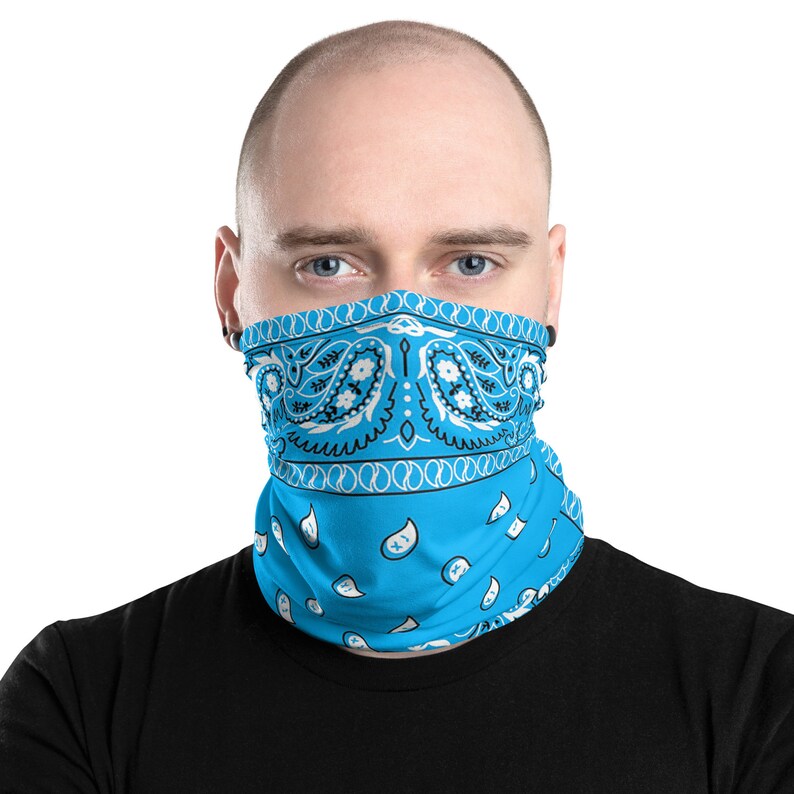 Sky Blue Paisley Neck Gaiter Face Mask that covers beards image 1