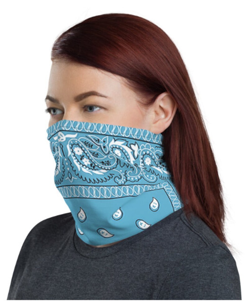 Sky Blue Paisley Neck Gaiter Face Mask that covers beards image 4