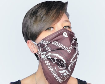 Bandana Face Mask in Brown Paisley - Double Layer Machine Washable Face Covering that covers beards