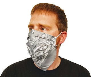 Bandana Face Mask in Gray Paisley - Double Layer Machine Washable Face Covering that covers beards