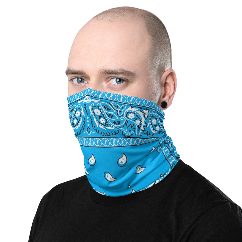 Sky Blue Paisley Neck Gaiter Face Mask that covers beards image 2