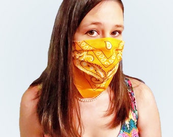 Fabric Face Mask in Light Orange Paisley Bandana - Double Layer Machine Washable Face Mask that covers beards
