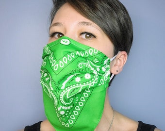 Bandana Face Mask in Lime Green Paisley - Double Layer Machine Washable Bandanna Face Covering for men with beards
