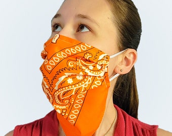 Bandana Reusable Face Mask in Orange Paisley - Double Layer Machine Washable Face Mask that covers beards