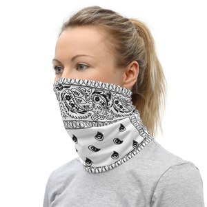 White Paisley Bandana Neck Gaiter - Machine Washable Face Covering