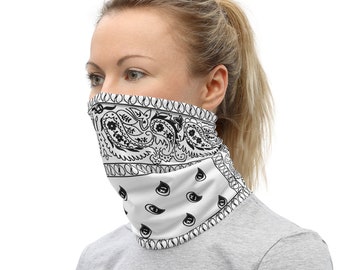 White Paisley Bandana Neck Gaiter - Machine Washable Face Covering