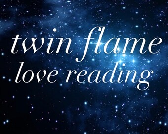 May include: A blue and black starry night sky background with the text "twin flame love reading" in white cursive font.
