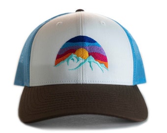 Mountain Hat, Low Profile Cap, Richardson 115, Size options, Small, M/L, Low Trucker Hat, Hat for small heads, Colorful Embroidered Sunset