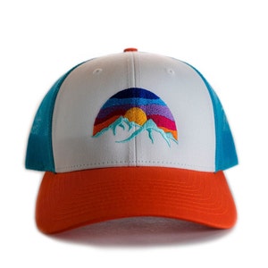 Mountain Hat, Low Profile Cap, Richardson 115, Size options, Small, M/L, Low Trucker Hat, Hat for small heads, Colorful Embroidered Sunset White/ Blue/ Orange