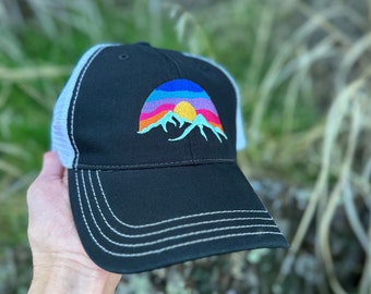 Unstructured Mountain Sunset Hat, Relaxed Fit Hat, Embroidered Low Profile Cap, Soft Packable Hat for Hikers, Gift for him or her, Dad Cap