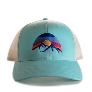 Mountain Hat, Low Profile Cap, Richardson 115, Size options, Small, M/L, Low Trucker Hat, Hat for small heads, Colorful Embroidered Sunset Aruba Blue/Birch