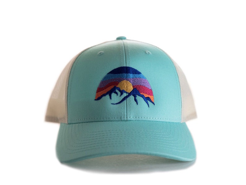 Mountain Hat, Low Profile Cap, Richardson 115, Size options, Small, M/L, Low Trucker Hat, Hat for small heads, Colorful Embroidered Sunset Aruba Blue/Birch