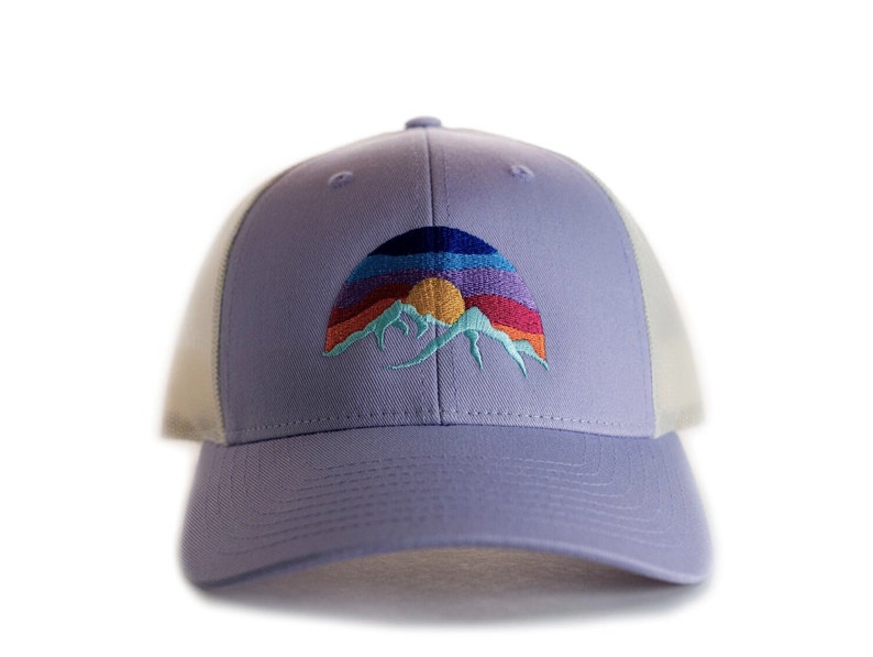 Mountain Hat, Low Profile Cap, Richardson 115, Size options, Small, M/L, Low Trucker Hat, Hat for small heads, Colorful Embroidered Sunset Lilac/Birch