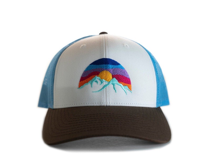 Mountain Hat, Low Profile Cap, Richardson 115, Size options, Small, M/L, Low Trucker Hat, Hat for small heads, Colorful Embroidered Sunset White/ Blue/ Brown