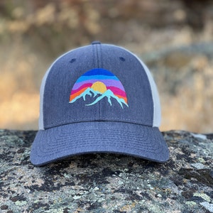 Mountain Hat, Low Profile Cap, Richardson 115, Size options, Small, M/L, Low Trucker Hat, Hat for small heads, Colorful Embroidered Sunset Denim/Lt. Grey