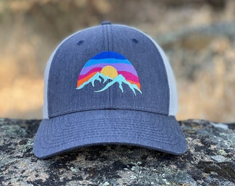 Mountain Hat, Low Profile Cap, Richardson 115, Size options, Small, M/L, Low Trucker Hat, Hat for small heads, Colorful Embroidered Sunset