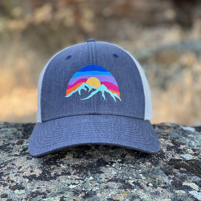 Mountain Hat, Low Profile Cap, Richardson 115, Size options, Small, M/L, Low Trucker Hat, Hat for small heads, Colorful Embroidered Sunset Denim/Lt. Grey