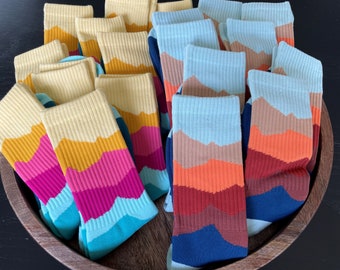 Adult Crew Socks, Fun Colorful Hiking socks, Mountain Range Design, Outdoorsy Nature Gift for him or her, Unique Gift for a friend, Gifts