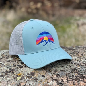 Mountain Hat, Low Profile Cap, Richardson 115, Size options, Small, M/L, Low Trucker Hat, Hat for small heads, Colorful Embroidered Sunset Smoke Blue/ Aluminum