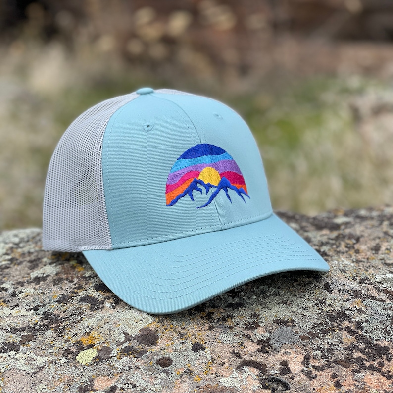 Mountain Hat, Low Profile Cap, Richardson 115, Size options, Small, M/L, Low Trucker Hat, Hat for small heads, Colorful Embroidered Sunset Smoke Blue/ Aluminum