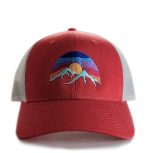 Mountain Hat, Low Profile Cap, Richardson 115, Size options, Small, M/L, Low Trucker Hat, Hat for small heads, Colorful Embroidered Sunset Red/Lt. Grey