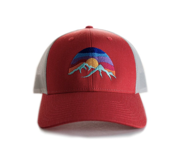 Mountain Hat, Low Profile Cap, Richardson 115, Size options, Small, M/L, Low Trucker Hat, Hat for small heads, Colorful Embroidered Sunset Red/Lt. Grey
