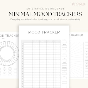May include: Minimal mood trackers digital downloads. The image shows three white worksheets with the text "MOOD TRACKER" and "Everyday worksheets for tracking your mood, stress, and anxiety". The worksheets have spaces to track mood, stress, and anxiety.