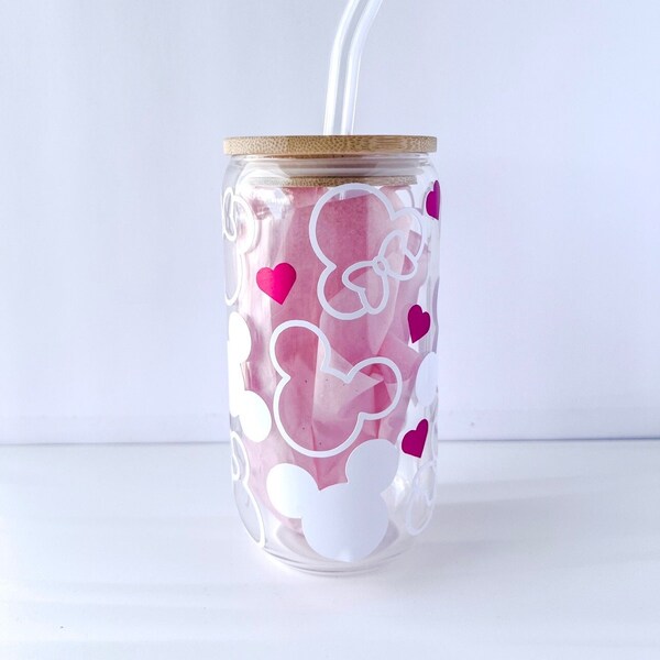 Minnie Mouse wrap beer glass can | 16 oz libbey glass with lid and straw | 20 oz iced coffee cup | gifts for her | Disney glass cup