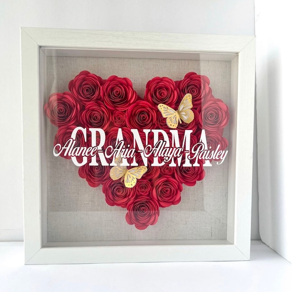 9 x 9 Personalized Heart Shadowbox | Custom message | Customizable gifts for mom | paper flower heart with butterflies | Children's Names