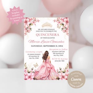 Editable Pink and Gold Quincenera Invitation, Digital Canva Template, 5x7 Digital Invitations for Quincenera, Pink Dress Quince Invitations