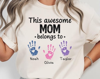 Personalized This Awesome Mom Belongs to T-Shirt with Kid's Names, Custom Name Tee for Mother's Day, Custom Family Tee, Children's Names Top