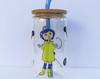 Coraline Inspired Iced Coffee Cup: 16 oz Glass with Bamboo Lid & Blue Straw
